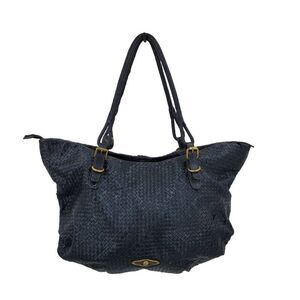 Elliott Lucca Black Basket Woven‎ Leather Shoulder Bag Dual Handles Zip Closer